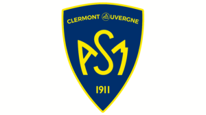 Blaues Wappenschild-Logo mit gelbem Rand und den Initialen ASJ, oben der Text 'CLERMONT AUVERGNE', unten '1911'