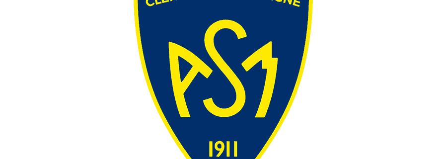 Blaues Wappenschild-Logo mit gelbem Rand und den Initialen ASJ, oben der Text 'CLERMONT AUVERGNE', unten '1911'