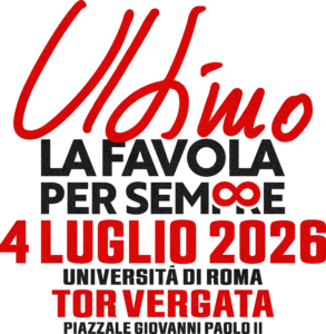 Grafisches Poster mit einem großen roten, kursiven Wort auf schwarzem Hintergrund, überlagert von grauem Großbuchstabentext, der „Università di Roma“ und „Tor Vergata“ liest, wodurch ein kühnes typografisches Design entsteht.